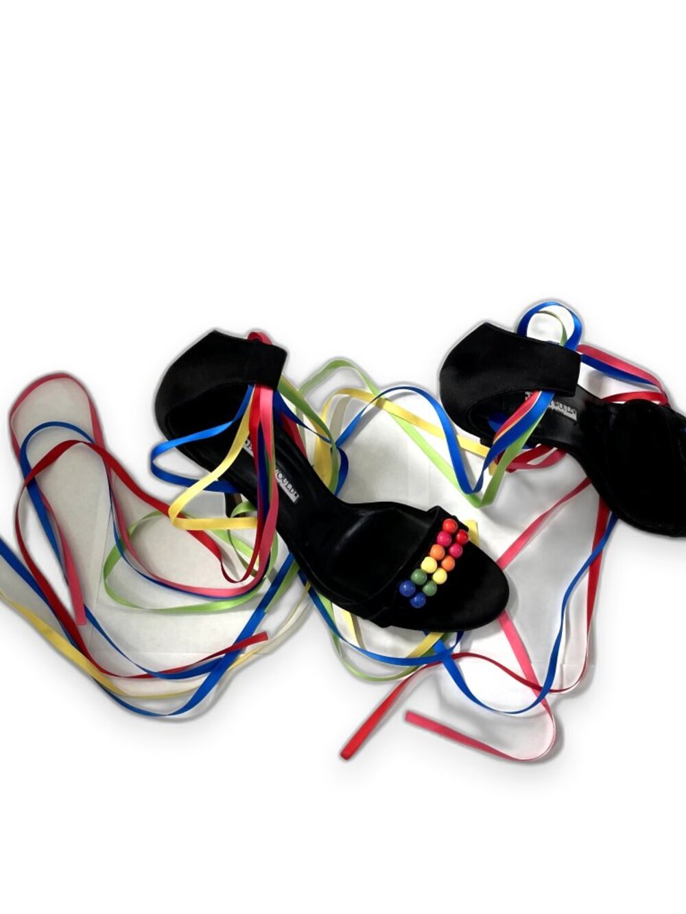 Hollywould Rainbow Ribbon Beaded Ankle Wrap Vintage Y2K Heels 8 Sandals Black - Picture 2 of 16